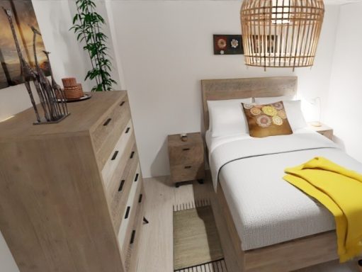 Habitación acogedora con cama, cómoda de madera y decoración sencilla.