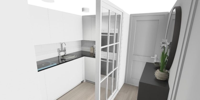 Cocina moderna con pared de cristal y planta decorativa en la esquina.